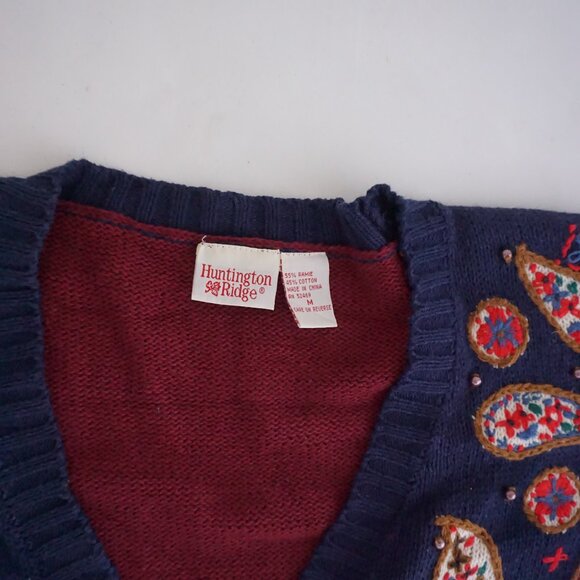 VTG Huntington Ridge Burgundy Paisley Beaded Embroidered Cardigan Prep Grandma M - Picture 4 of 10
